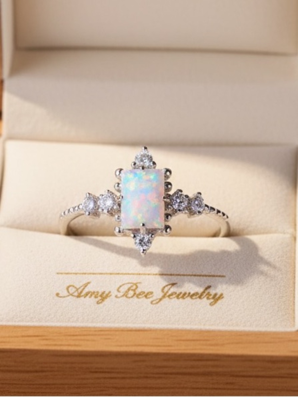 Opal Halo S925 Sterling Silver Ring with White Fire Opal Center. New. - Picture 5 of 9